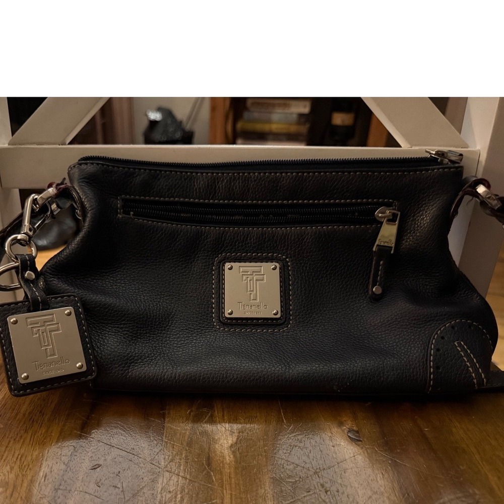 Tignanello Navy Blue Pebbled Leather Shoulder Bag Silver Hardware Logo Plaque